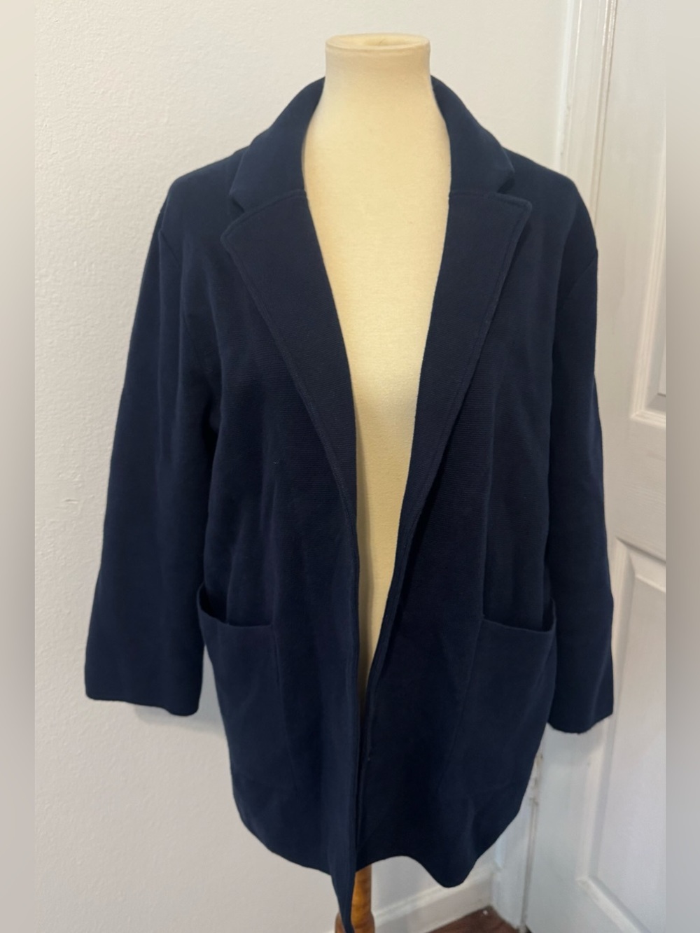 Quince 100% Organic Cotton Knit Blazer Navy Notch Collar Front Pockets Med
